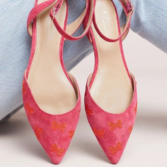 SOLD Anthropologie size 7 Pointed Toe Embroidered Bow Ballet Flats - Picture 1 of 8